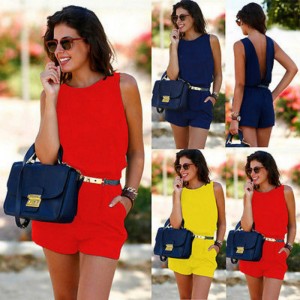 New Women Summer Playsuit Bodycon Clubwear Evening Party Blackless Jumpsuit Pocket Romper Trousers Yellow Blue Red